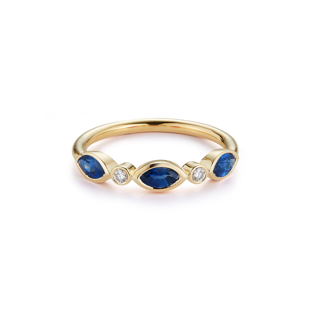 3 Stone Marquise Ring with Diamonds- Blue Sapphire