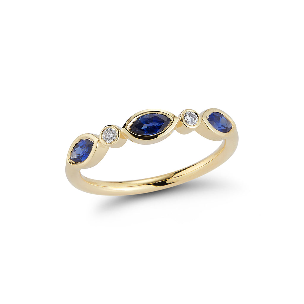 3 Stone Marquise Ring with Diamonds- Blue Sapphire