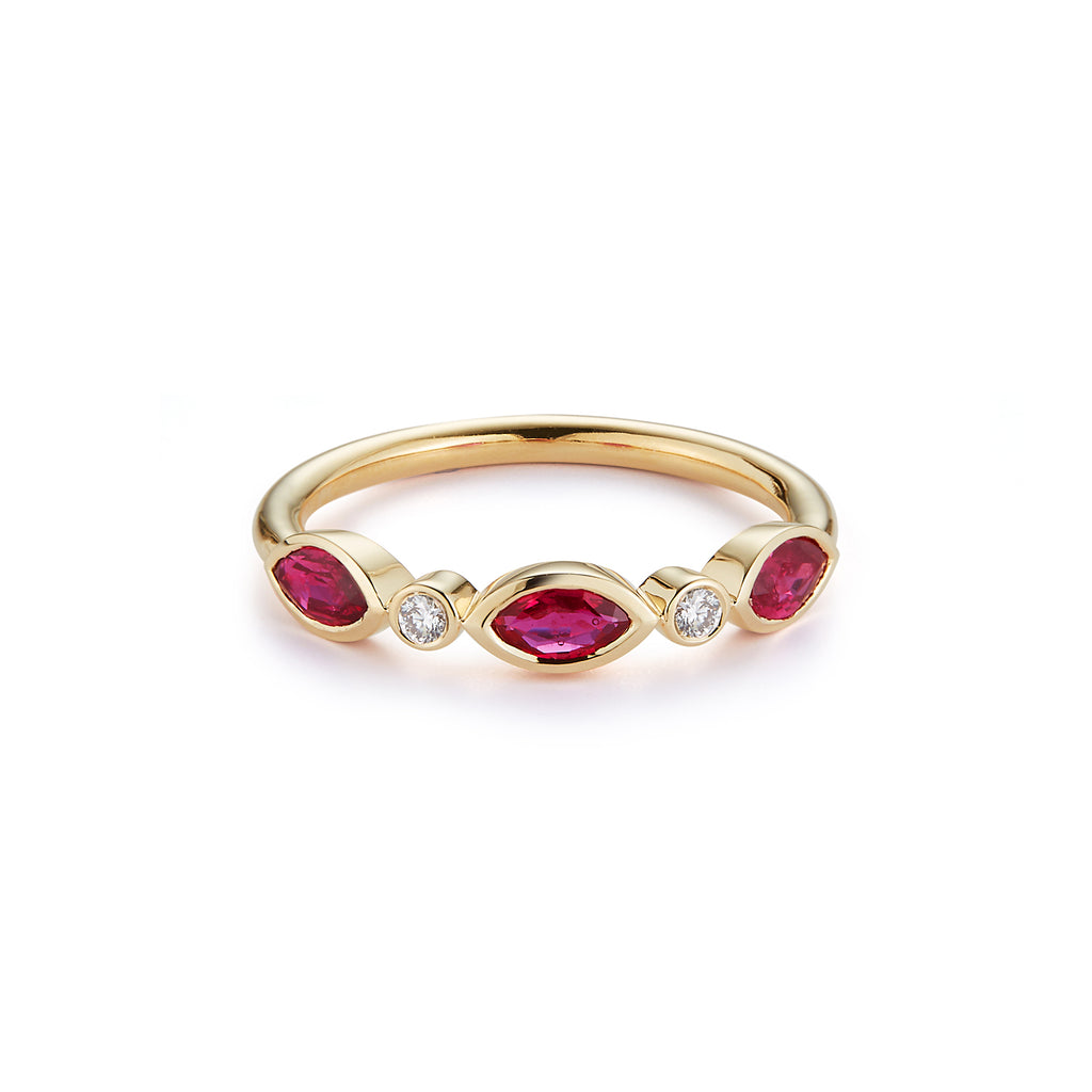 3 Stone Marquise Ring with Diamonds- RUBY