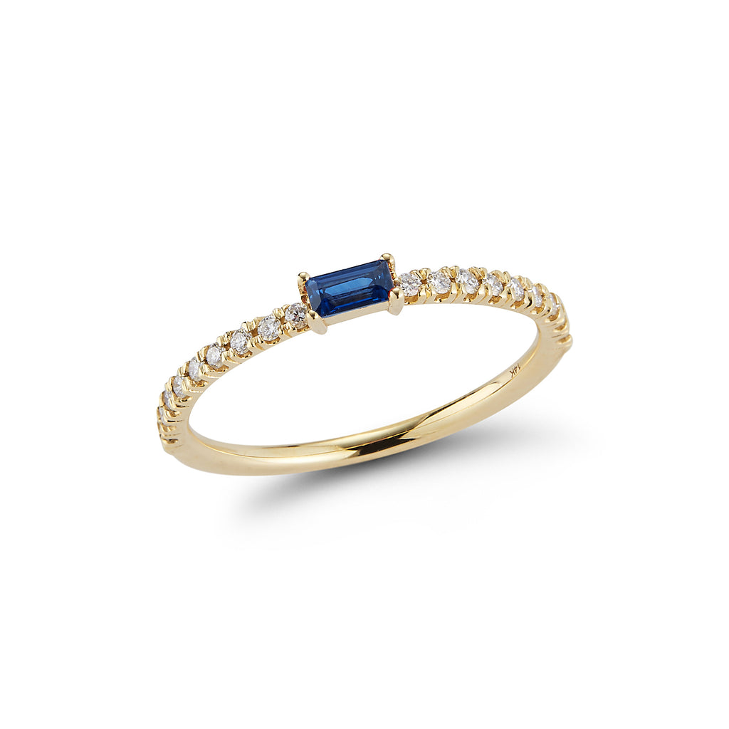 Baguette Ring with Diamond Pave Band- Blue Sapphire