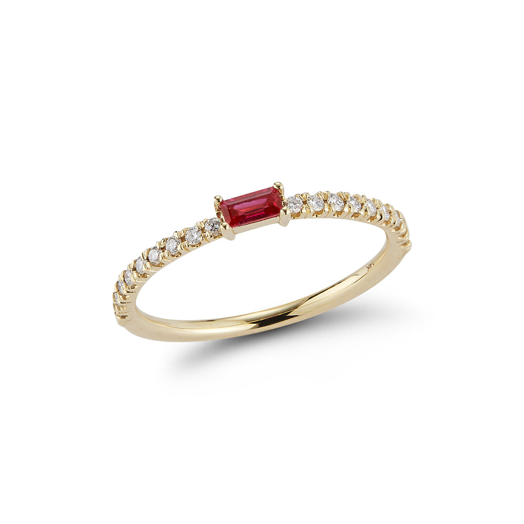 Baguette Ring with Diamond Pave Band- RUBY